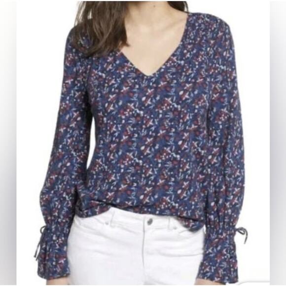 Lucky Brand V-neck Blue Floral Long sleeve Viscose Boho Country Western Top M - Picture 1 of 13